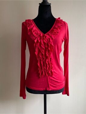Magazine Red Ruffle V-Neck Long Sleeve Stretch Top Size P/S